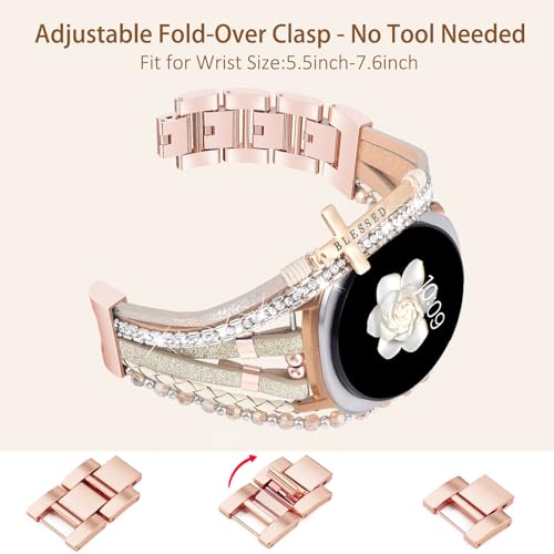 Fancywrist Boho Leather Bracelet for Samsung Galaxy Watch 8/7/6/5/4 Band 40 44mm Women, 20mm Cute Beaded Multilayer Strap for Galaxy Watch 8 Classic 6 4 Classic 43mm 47mm 42mm 46mm/Watch 5 Pro 45mm /Active2 - Image 2