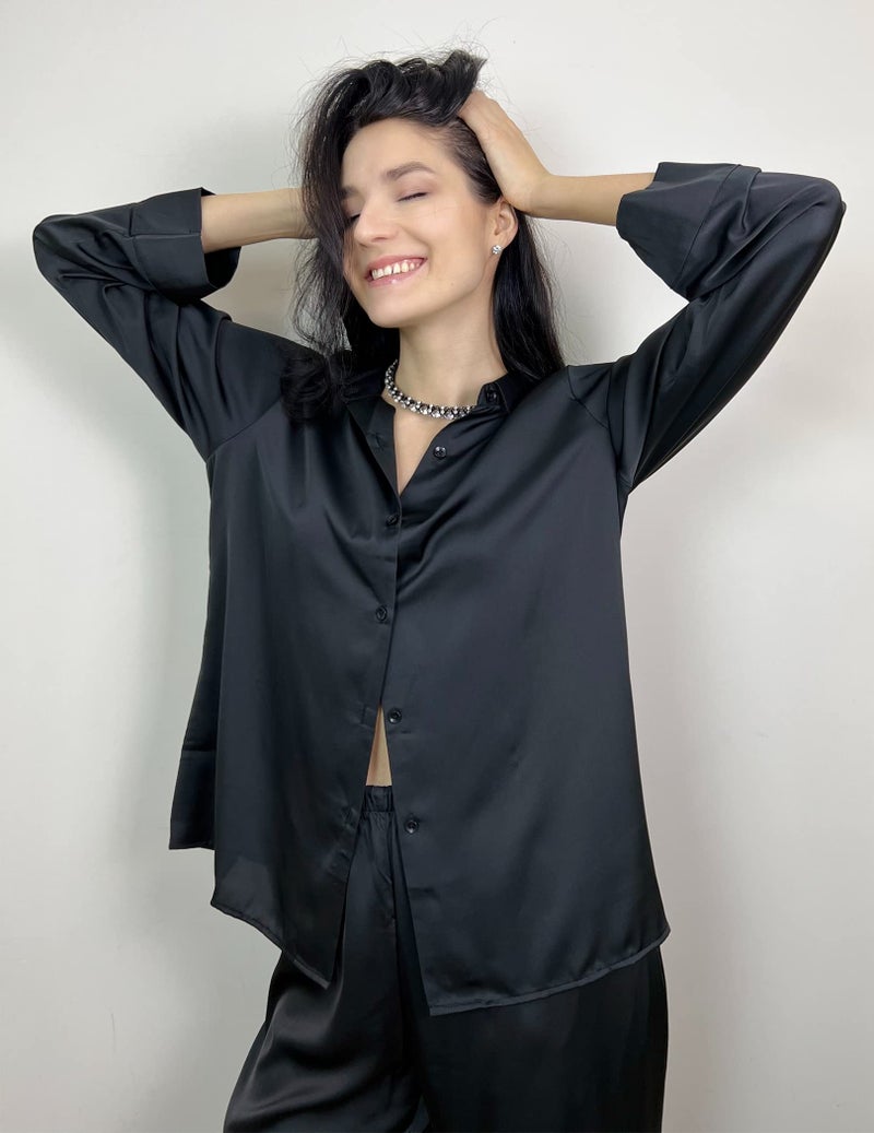 Chigant بلوزة نسائية من تشيجانت قميص ساتان حرير بأزرار قميص فضفاض بأكمام طويلة لعمل المكتب (أسود، XX-Large) - Image 5