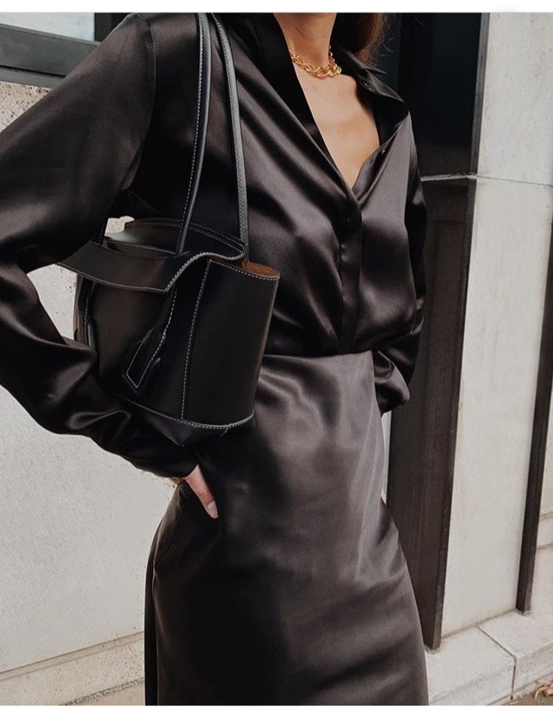 Chigant بلوزة نسائية من تشيجانت قميص ساتان حرير بأزرار قميص فضفاض بأكمام طويلة لعمل المكتب (أسود، XX-Large) - Image 4