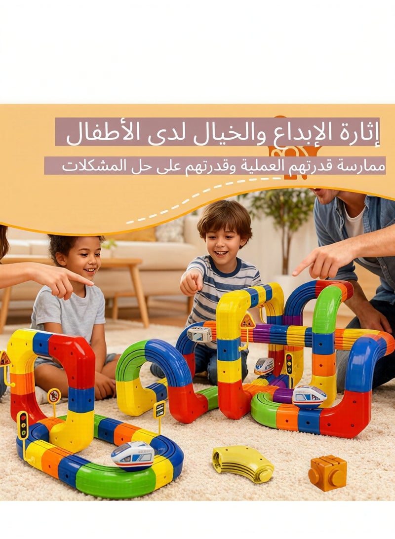 Electric Train Set for Kids, 123PCS DIY Flexible Track Building Kit with 2 Trains and Traffic Signs, Battery Operated Modular Railway Race Track Toy, STEM Educational Building Blocks Toy, Birthday Gift for Boys and Girls Ages 4+ - Image 4