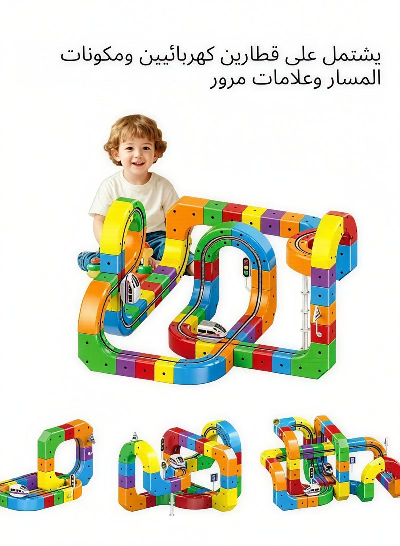 Electric Train Set for Kids, 123PCS DIY Flexible Track Building Kit with 2 Trains and Traffic Signs, Battery Operated Modular Railway Race Track Toy, STEM Educational Building Blocks Toy, Birthday Gift for Boys and Girls Ages 4+ - Image 3