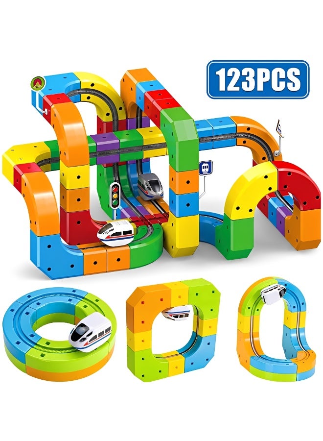Electric Train Set for Kids, 123PCS DIY Flexible Track Building Kit with 2 Trains and Traffic Signs, Battery Operated Modular Railway Race Track Toy, STEM Educational Building Blocks Toy, Birthday Gift for Boys and Girls Ages 4+ - Image 1