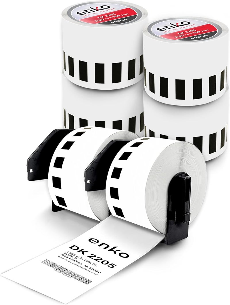 enKo Products enKo - Compatible DK-2205 Continuous Paper Labels (2.4 Inch x 100 Feet) Use with Brother QL Label Printers QL-800, QL-820NWB QL 810W [6 Rolls + 2 Refillable Cartridge Frames] - Image 1