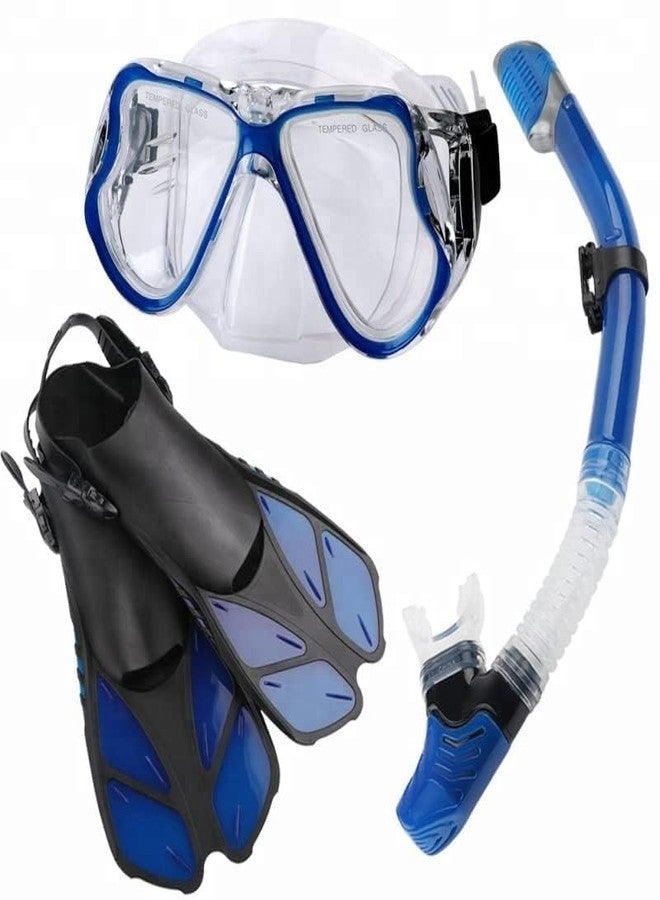 MUGATH Mask Fins Snorkel Kit Swim Goggles Snorkeling Gear 180 Panoramic View Anti-Fog Anti-Leak Dry Top Snorkel and Dive Flippers Kit with Gear Bag for Adults Men Women (Blue) - Image 1