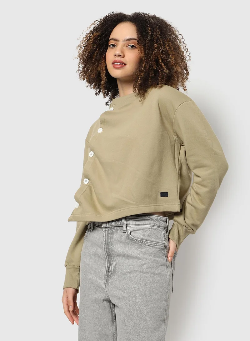 كامبوس سوترا بلوزة نسائية بياقة مستديرة وأكمام طويلة مضلعة وإغلاق بأزرار وحافة مستقيمة، مقاس عادي للاستخدام اليومي في الشارع والكاجوال، زيتون فاتح