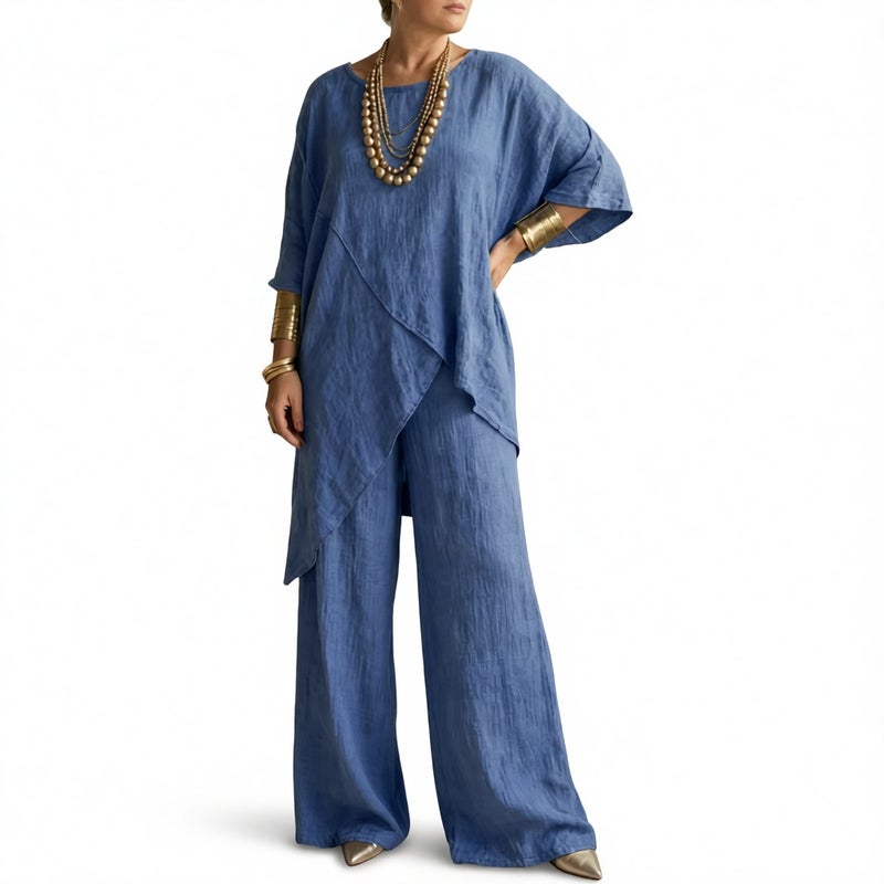 Women's Cotton Linen Two-Piece Set Round Neck Loose Casual Irregular Hem Summer Outfit - Image 1