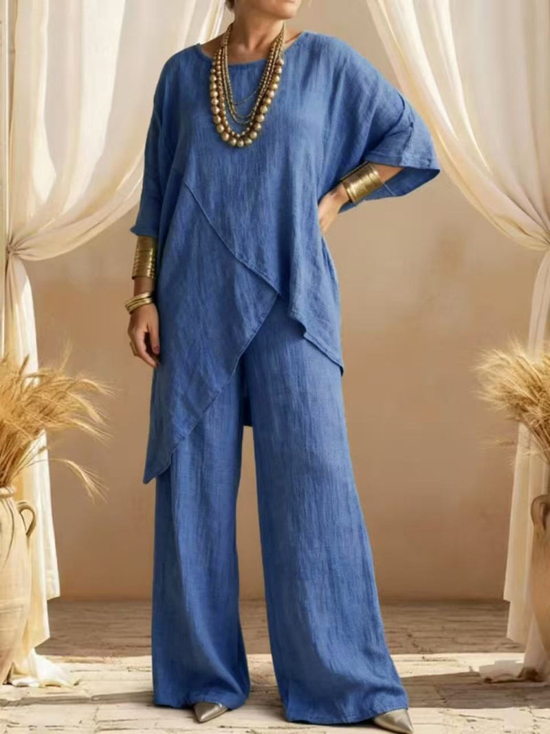 Women's Cotton Linen Two-Piece Set Round Neck Loose Casual Irregular Hem Summer Outfit - Image 2