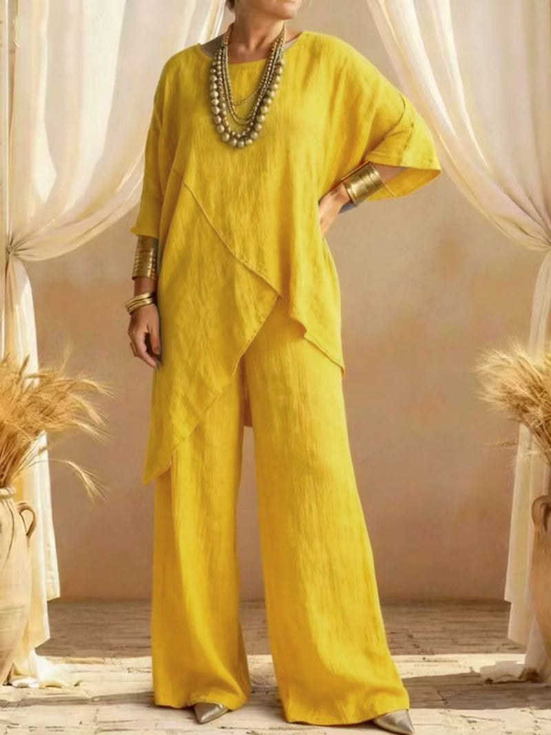 Women's Cotton Linen Two-Piece Set Round Neck Loose Casual Irregular Hem Summer Outfit - Image 3