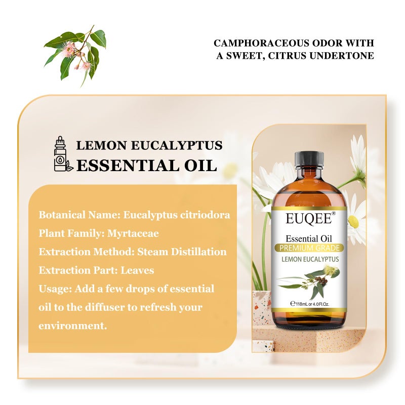 EUQEE Lemon Eucalyptus Essential Oil Pure Lemon Eucalyptus Oil, Large Capacity Essential Oil with Glass Dropper for Diffuser, Candle Making - 118ml / 4 Fl.Oz - Image 2