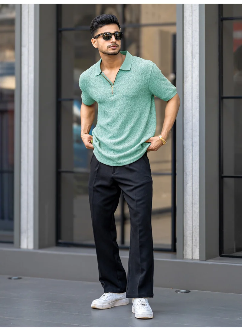 Maniac Maniac Mens Textured Polo Neck Half Zipper 3/4th Sleeve Berly Green Cotton T-Shirt