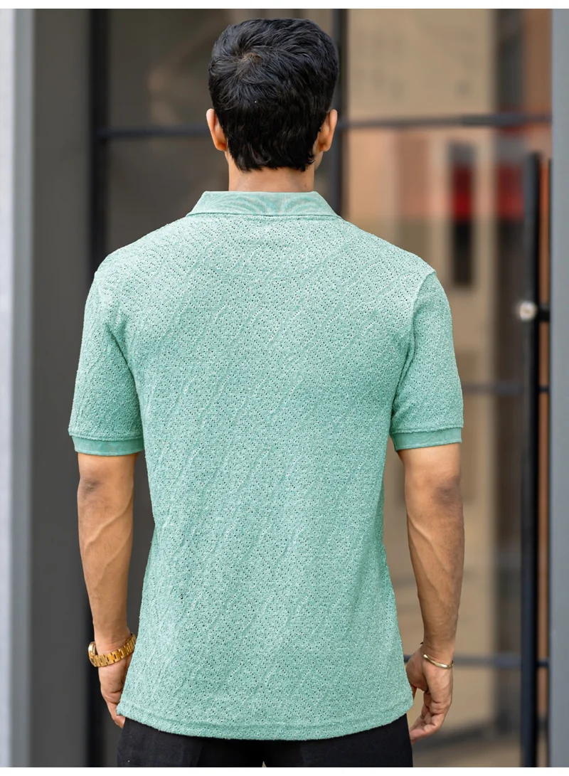 Maniac Maniac Mens Textured Polo Neck Half Zipper 3/4th Sleeve Berly Green Cotton T-Shirt