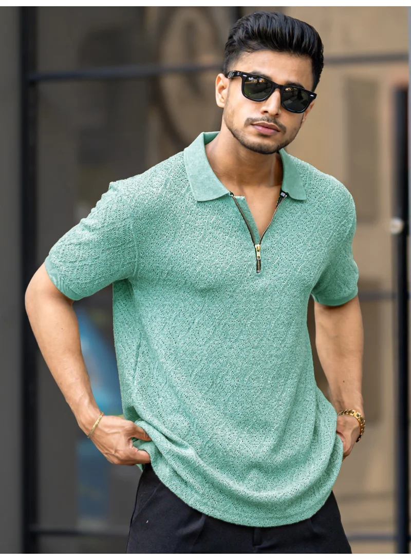 Maniac Maniac Mens Textured Polo Neck Half Zipper 3/4th Sleeve Berly Green Cotton T-Shirt