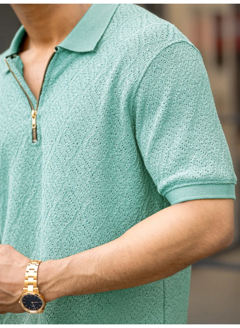 Maniac Maniac Mens Textured Polo Neck Half Zipper 3/4th Sleeve Berly Green Cotton T-Shirt