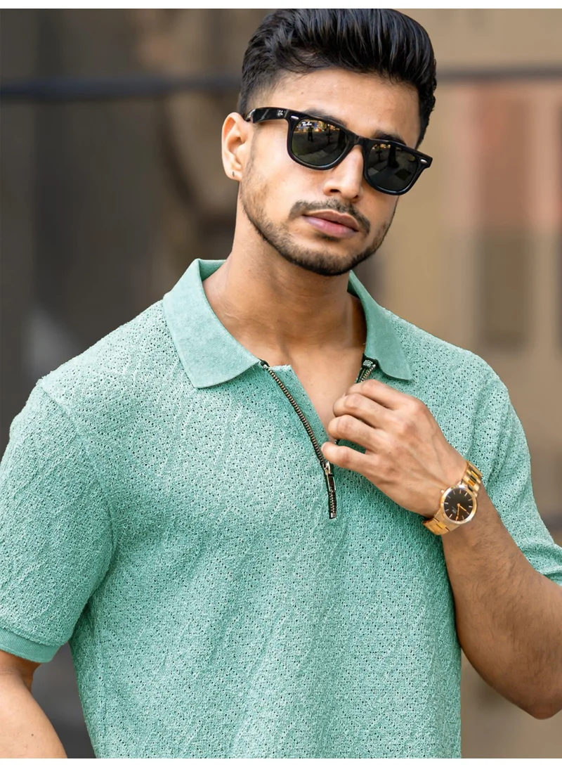 Maniac Maniac Mens Textured Polo Neck Half Zipper 3/4th Sleeve Berly Green Cotton T-Shirt