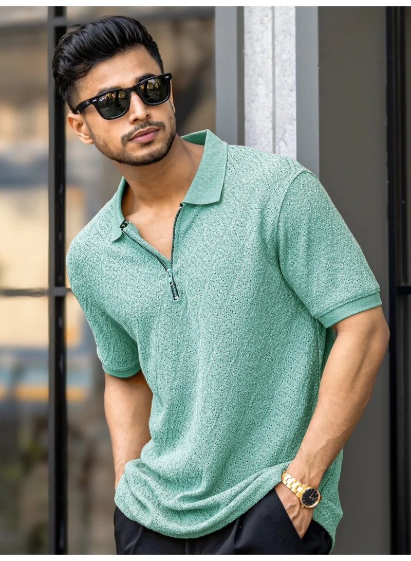 Maniac Maniac Mens Textured Polo Neck Half Zipper 3/4th Sleeve Berly Green Cotton T-Shirt