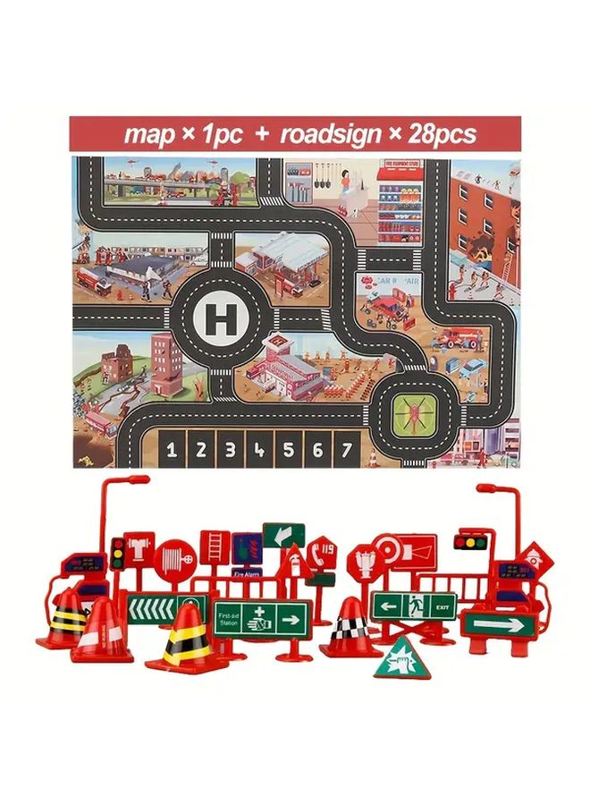 Exquisite Set Map And 28 Road Signs City Fire Station Parking Toy Game - Image 2