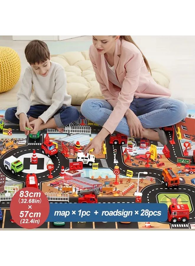 Exquisite Set Map And 28 Road Signs City Fire Station Parking Toy Game - Image 3