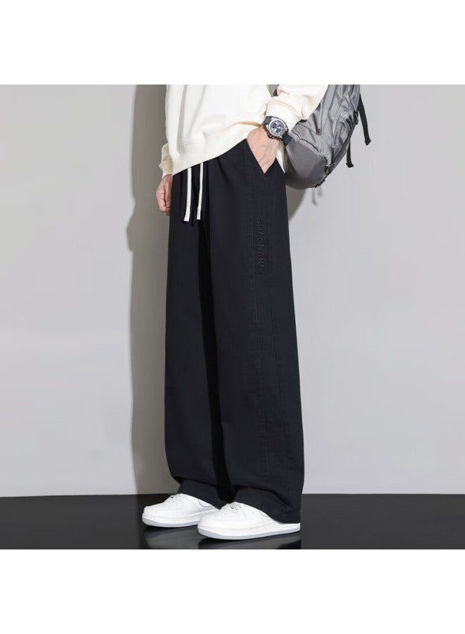 Dingfengbaoluo Men's Pure Cotton Work Pants Spring Loose Straight-leg Washed Embroidered Wide-leg Casual Trousers Zld91 Black 2XL - Image 5