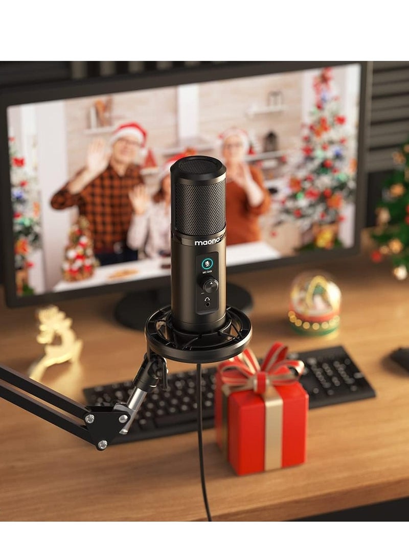 ميكروفون ماونو PM422 USB لأجهزة الكمبيوتر وخاصية كتم وضبط الصوت لاستخدامات متعددة، التسجيل في الاستوديو، والبودكاست، والألعاب، والبث المباشر على تويتش ويوتيوب ، أحادي الاتجاه، أسود