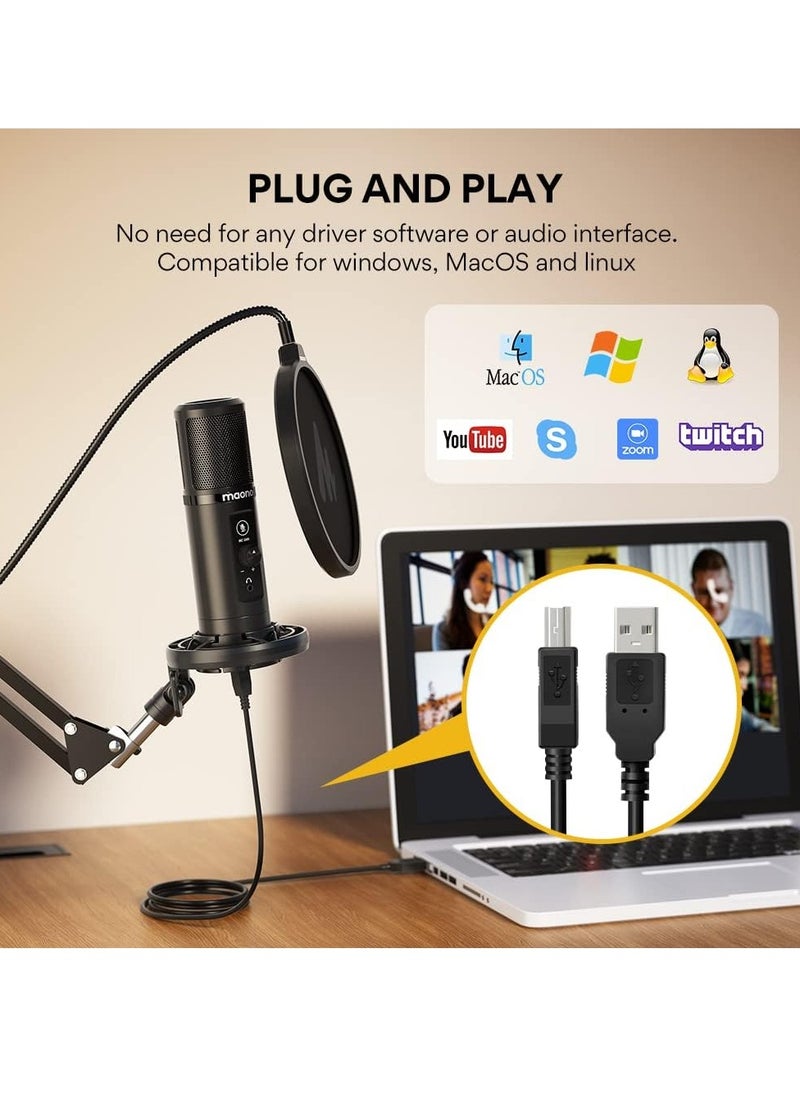 ميكروفون ماونو PM422 USB لأجهزة الكمبيوتر وخاصية كتم وضبط الصوت لاستخدامات متعددة، التسجيل في الاستوديو، والبودكاست، والألعاب، والبث المباشر على تويتش ويوتيوب ، أحادي الاتجاه، أسود