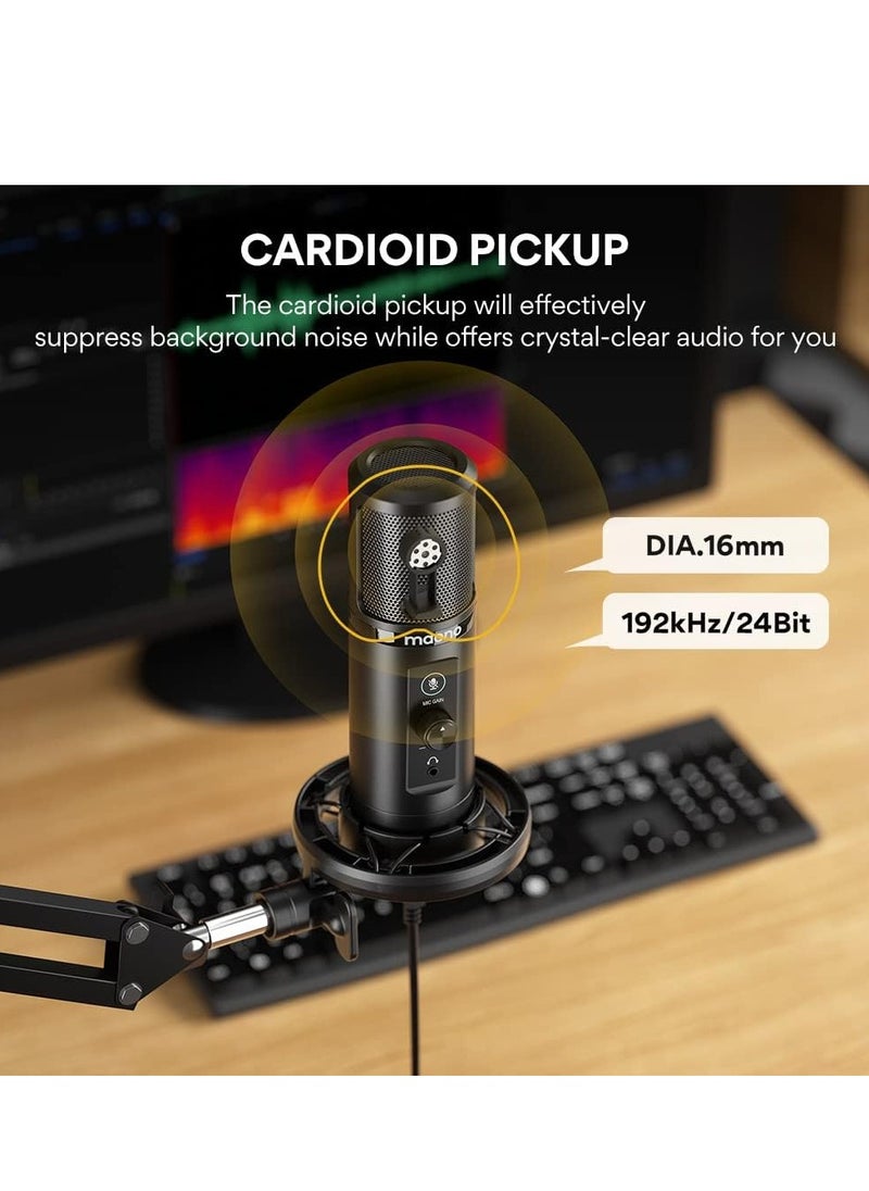 ميكروفون ماونو PM422 USB لأجهزة الكمبيوتر وخاصية كتم وضبط الصوت لاستخدامات متعددة، التسجيل في الاستوديو، والبودكاست، والألعاب، والبث المباشر على تويتش ويوتيوب ، أحادي الاتجاه، أسود