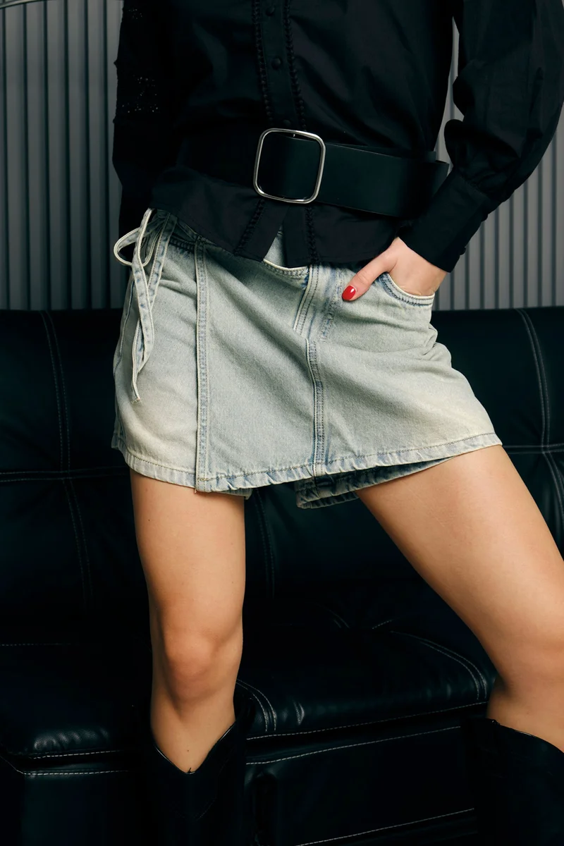 فيرجيو Solid Cotton Tie-Up Wrap Denim Mini Skorts for Women