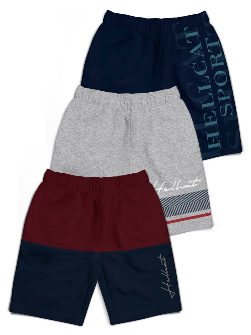 HELLCAT Pack of 3 Trendy Typographic Printed Mid Rise Shorts for Boys - Burgundy/Grey Melange/Navy Blue_9-10 Years - Image 1