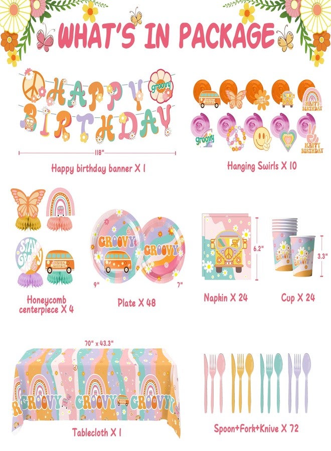DMIGHT 184Pcs Groovy party Decorations, Party Supplies Serves 24, Banner, Hanging Swirls, Honeycomb Centerpieces, Tablecloth, Paper Plates Napkins Tableware Set for Hippie Rainbow Boho Birthday Party - Image 2