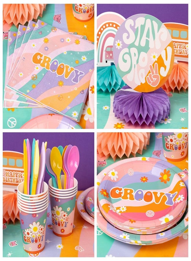 DMIGHT 184Pcs Groovy party Decorations, Party Supplies Serves 24, Banner, Hanging Swirls, Honeycomb Centerpieces, Tablecloth, Paper Plates Napkins Tableware Set for Hippie Rainbow Boho Birthday Party - Image 5
