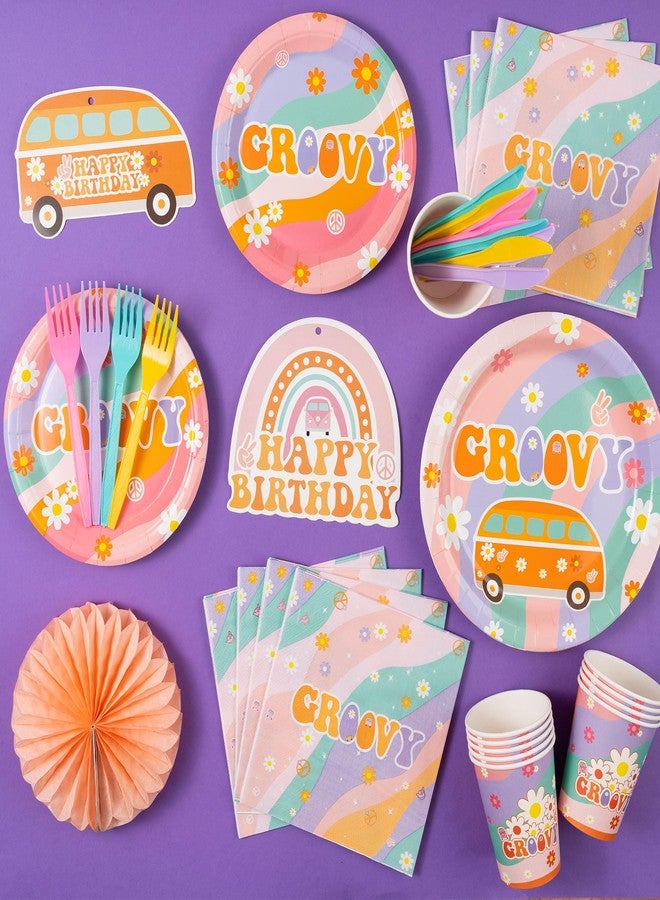 DMIGHT 184Pcs Groovy party Decorations, Party Supplies Serves 24, Banner, Hanging Swirls, Honeycomb Centerpieces, Tablecloth, Paper Plates Napkins Tableware Set for Hippie Rainbow Boho Birthday Party - Image 3