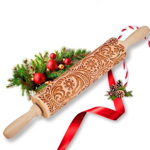 tietoc Christmas Gifts Wooden Embossed Rolling Pin for Baking, Stocking Stuffers Gifts for Women, Deep Engraved Embossing Rolling Pins with Snow Pattern Designs for Baking Cookies Stamps Roller DIY Tools - Image 1