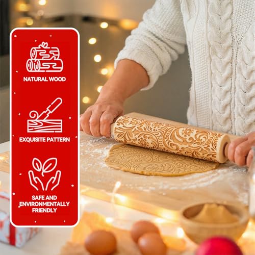 tietoc Christmas Gifts Wooden Embossed Rolling Pin for Baking, Stocking Stuffers Gifts for Women, Deep Engraved Embossing Rolling Pins with Snow Pattern Designs for Baking Cookies Stamps Roller DIY Tools - Image 4