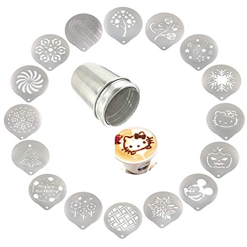 Lofekea Stainless Steel Powder Shakers Coffee Cocoa Cinnamon Shaker Cans Mesh Duster with 16PCS Stainless Steel Barista Coffee Decorating Stencils Template for Latte Cappuccino, Cupcake Stencils - Image 1