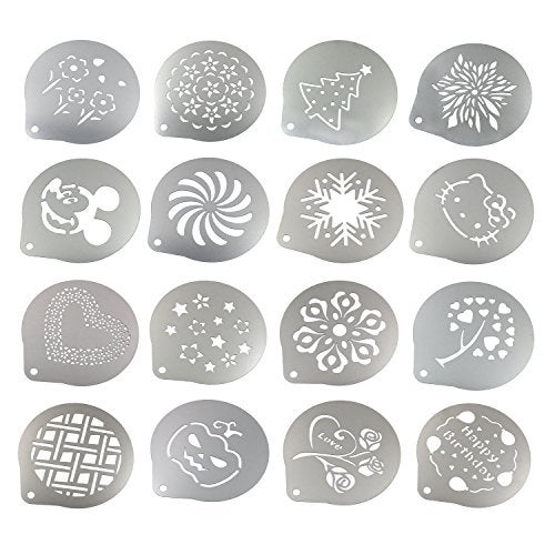 Lofekea Stainless Steel Powder Shakers Coffee Cocoa Cinnamon Shaker Cans Mesh Duster with 16PCS Stainless Steel Barista Coffee Decorating Stencils Template for Latte Cappuccino, Cupcake Stencils - Image 4
