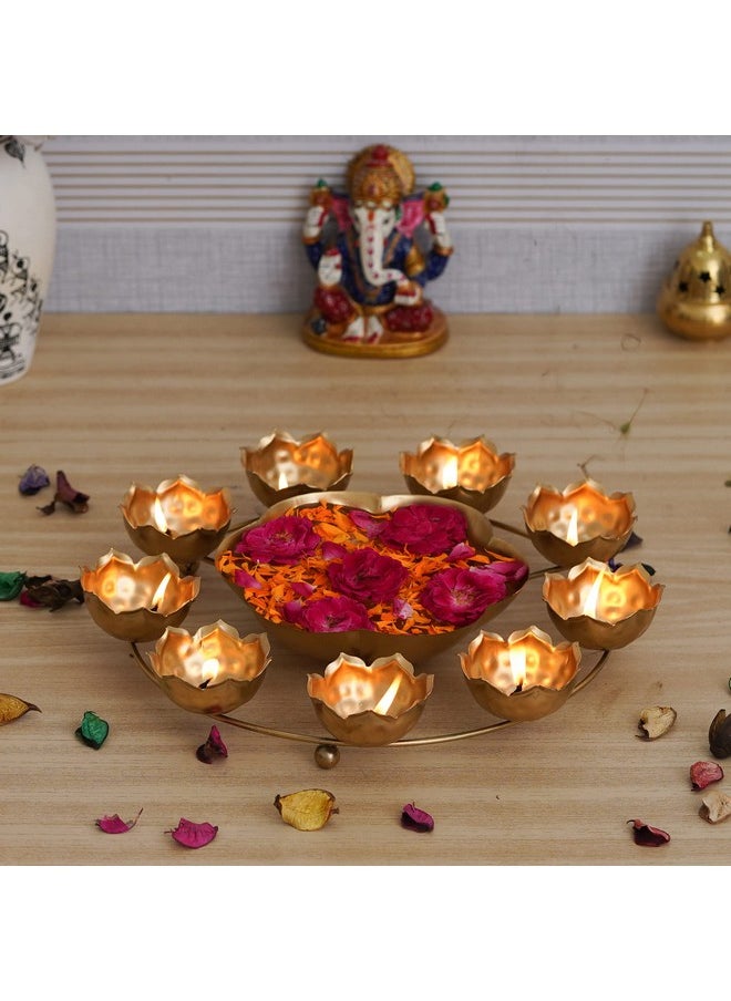 Webelkart Webelkart Premium 9 Lotus Diya Shape urli Bowl for Home and Pooja Decorations| Urli tealight Candle Holder for Home and Office Decor| Lotus Urli Bowls (12 Inches,Gold)- Diwali Candle Holder  - Image 1