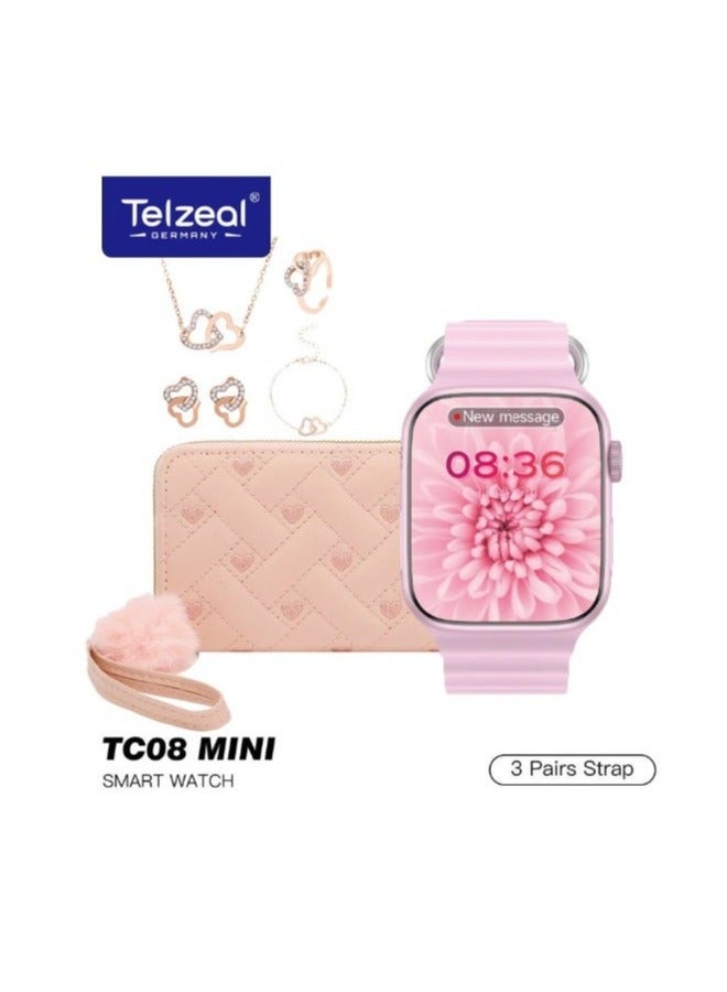 Telzeal TC 08 Mini Smart Watch for Ladies in Pink – Stylish Gift Set with 3 Interchangeable Straps, Elegant Handbag, Matching Earring, Ring & Necklace Chain – Fashionable Digital Watch Combo for Women – Ideal for Gifting, Daily Wear & Special Occasions  - Image 2