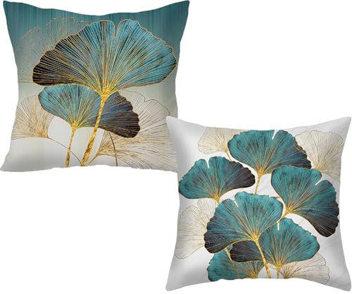 F Finerease Throw Pillow Cover Teal Ginkgo Leaves - 18 x 18 Inch Turquoise Pillow Cushion Cover - Set of 2 Square Cushion Case, Great for Sofa, Bedroom, Yard, Living Room Home Decor - Image 1