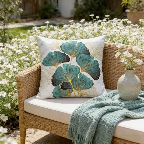 F Finerease Throw Pillow Cover Teal Ginkgo Leaves - 18 x 18 Inch Turquoise Pillow Cushion Cover - Set of 2 Square Cushion Case, Great for Sofa, Bedroom, Yard, Living Room Home Decor - Image 3