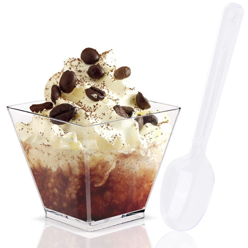 Tosnail 100 Pack 2 Oz Mini Clear Plastic Dessert Tumbler Cups with 100 Dessert Spoons Square Parfait Appetizer Cups for Event and Party Serving