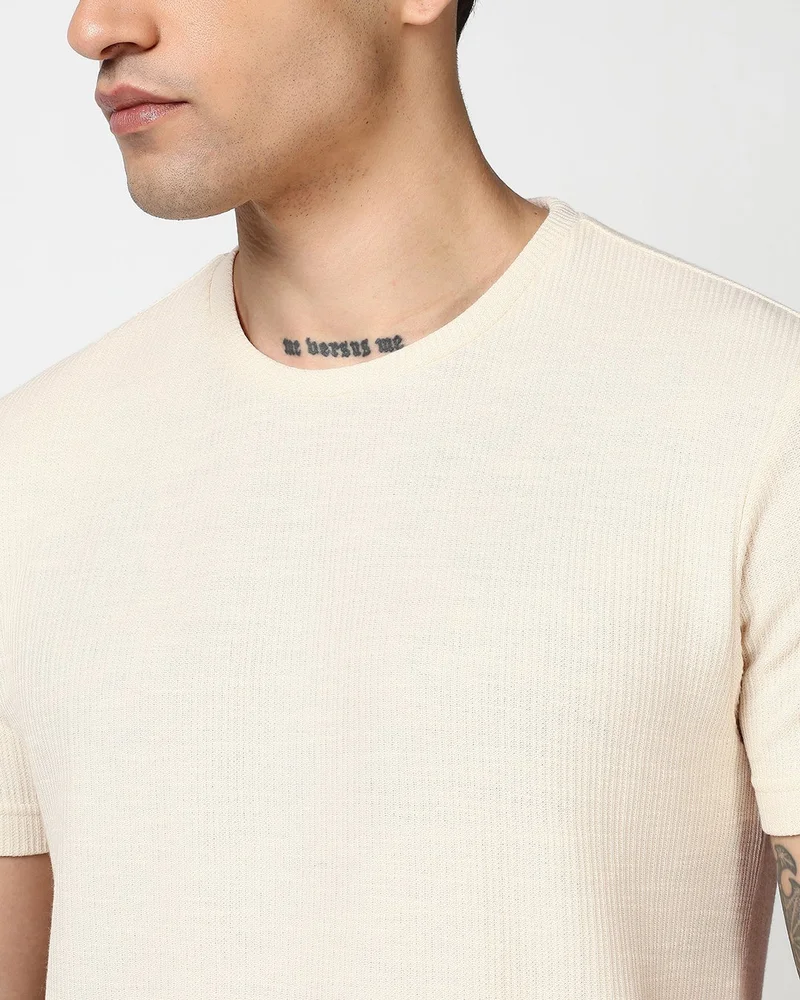 bewakoof Men's Beige Textured T-shirt