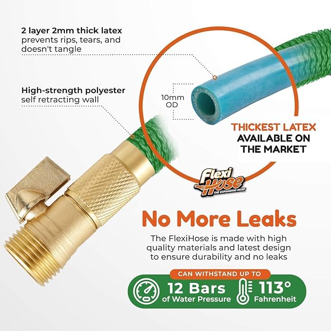 Flexi Hose with 8 Function Nozzle, 25FT - Lightweight Expandable Garden Hose, No-Kink Flexibility, 3/4 Inch Solid Brass Fittings and Double Latex Core - Green - Image 4
