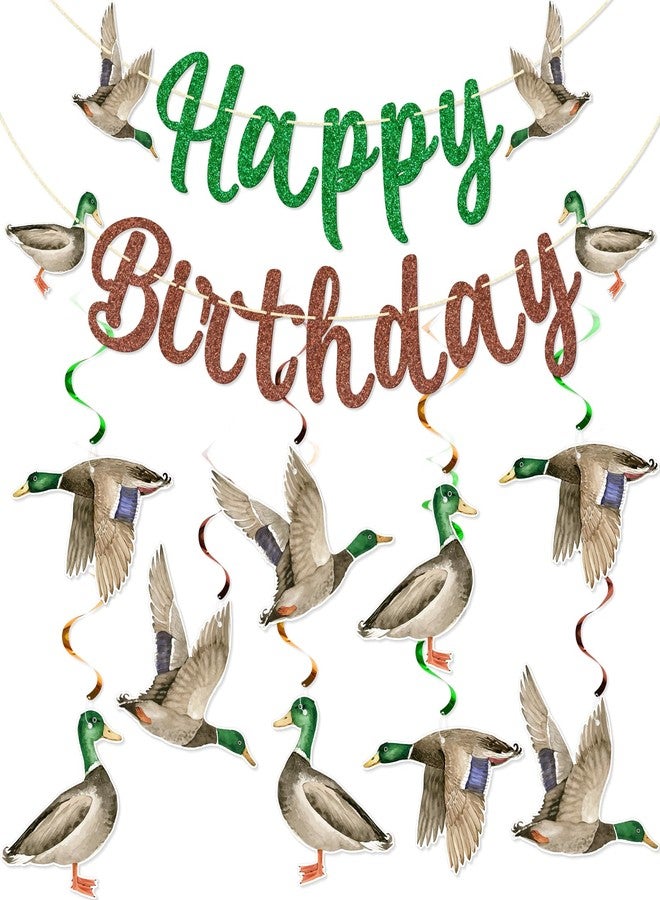 FOZEE Duck Hunting Birthday Banner, Mallard Duck Hanging Swirls, One Lucky Duck Birthday Decor, Mallard Duck Happy Bithday Banner, Duck Themed Birthday Party Decorations, 10PCS, Green, Brown - Image 1