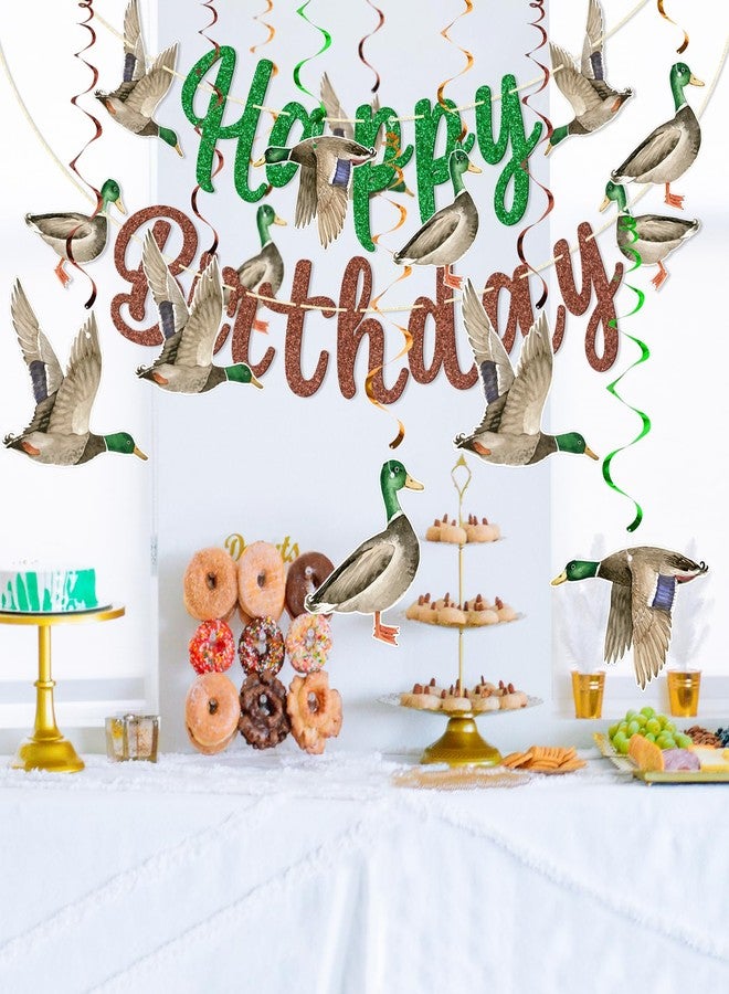 FOZEE Duck Hunting Birthday Banner, Mallard Duck Hanging Swirls, One Lucky Duck Birthday Decor, Mallard Duck Happy Bithday Banner, Duck Themed Birthday Party Decorations, 10PCS, Green, Brown - Image 5