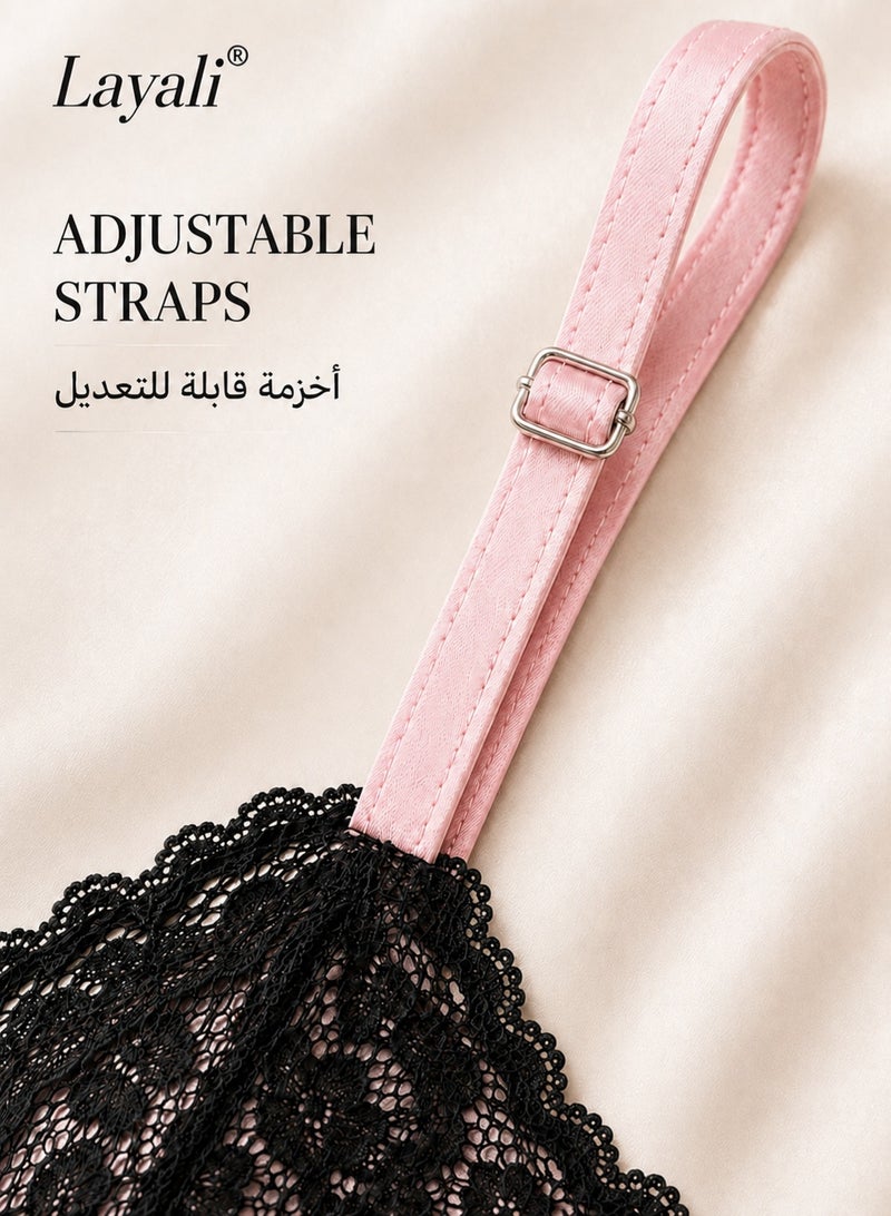 Layali Women Satin Lace Slip Dress Elegant Spaghetti Strap Nightdress Soft Sleepwear Home Dress - Image 5