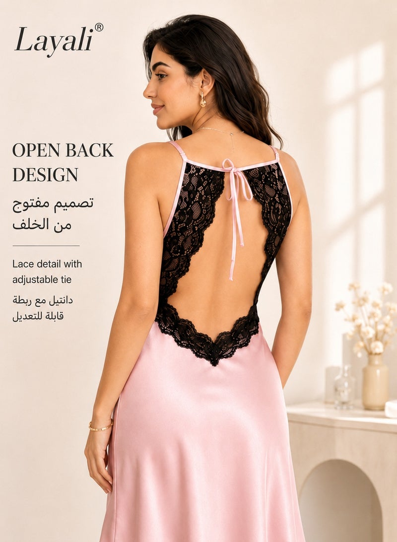 Layali Women Satin Lace Slip Dress Elegant Spaghetti Strap Nightdress Soft Sleepwear Home Dress - Image 2