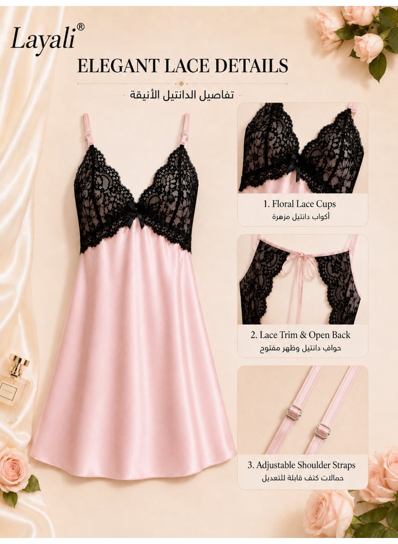 Layali Women Satin Lace Slip Dress Elegant Spaghetti Strap Nightdress Soft Sleepwear Home Dress - Image 3