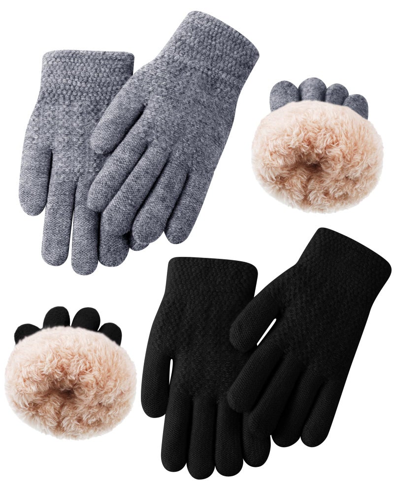 Chuarry 2 Pairs Kids Fleece Lined Gloves Winter Thick Warm Thermal Cable Knit Gloves for 6-10 Years Boys Girls(Gray,Black) - Image 1
