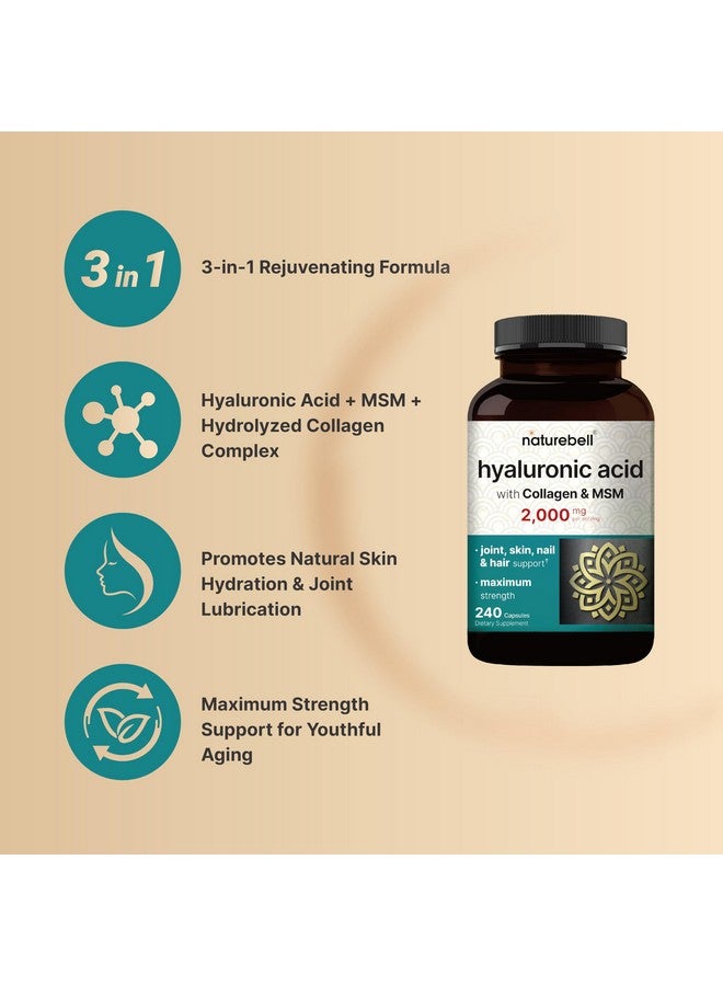 نايتشر بيل مكملات حمض الهيالورونيك من ناتشر بيل بتركيز ٢٠٠٠ ملغ | ٢٤٠ كبسولة، مع ميثيل سلفونيل ميثان وكولاجين بقري مُحلل - ٣ في ١ لدعم ترطيب البشرة، وتليين المفاصل، والشعر، وصحة العين. - Image 2