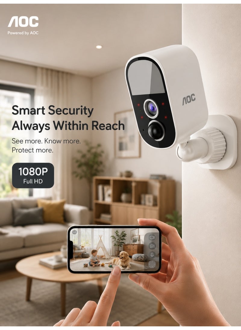 AOC Indoor & Outdoor Wireless Battery Camera, AI-Enhanced 2K-Like Clarity, Up to 7-Day Battery Life, 3-Mode Switching, Two-Way Audio, IR Night Vision, Motion Detection, Supports 128GB TF Card, 2.4GHz Wi-Fi Only - Image 1