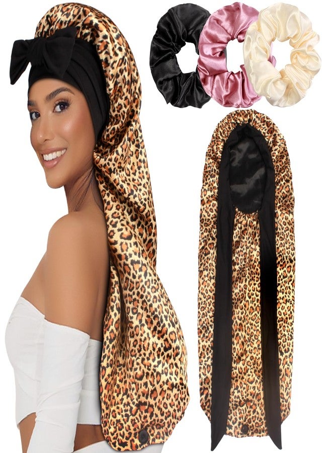 Heniho 1+3 Long Satin Bonnets with Scrunchies for Women Sleeping, Double Layer Large Braid Bonnet with Tie Band, G - Image 1